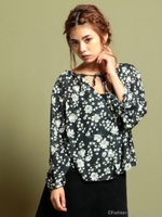 フラワーボリュームスリーブブラウス/ブラック