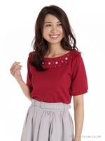 レトロオフショルダーチェックJQカットソー/ワイン