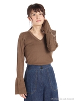 袖フレア無地ニット/チャ