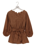 ウエストリボンコットンレースブラウス/ブラウン