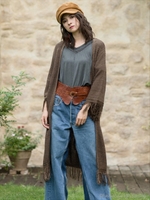 7GG両畦斜め編み裏使いフリンジロングカーデ/ブラウン