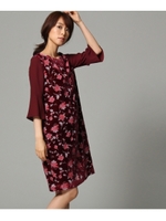 シフォンスリーブベルベット切り替えワンピース/ボルドー(164)