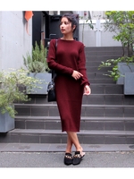 【CHILLE】ミディ丈シンプルニットワンピース/ワイン(026)