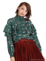 【安井レイさん着用】花柄フリルハイネックブラウス/ミドリ