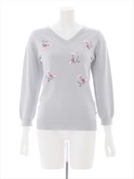 刺繍入り長袖ニット/ライトグレー