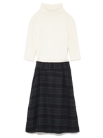 ニットxチェックスカートドッキングワンピース/WHT