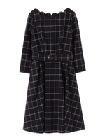 【ワンピース】スカラップネックチェックワンピース/ネイビー