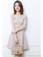 ビーズ刺繍フレアニットワンピース/ライトブルー