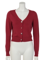 デザインビジュー釦付きVネックニット/レッド