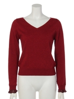 袖口シフォンラメニットプルオーバー/レッド