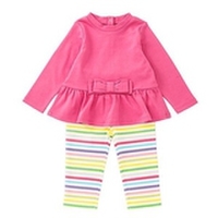 【新生児向け】リボン付き裾フリル長袖Tシャツ＆マルチボーダーレギンスセット