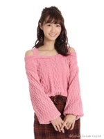 肩ファーケーブルニット/ピンク