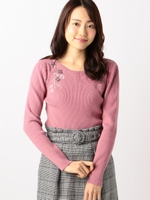 ビーズ刺繍クルーネックプルオーバー/ピンク