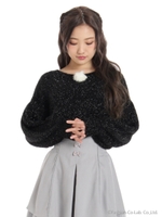 ポンポン付きボリューム袖ニット/ブラック