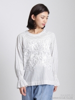 フラワーテープ刺しゅうコットンローンドットブラウス/ホワイト