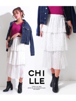 【CHILLE】ドット段フリルプリーツスカート/ホワイト(001)