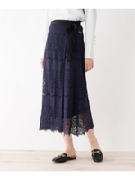 【洗える】ペチコート付き巻きレーススカート/ネイビー(093)