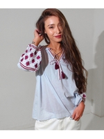 コットンボイル配色刺繍スモック/サックスブルー(020)