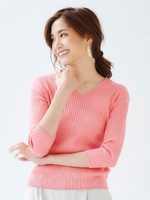 Vネックワイドリブハイゲージニット/ピンク