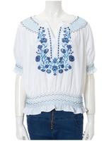 スキッパー刺繍デザインギャザーブラウス/ホワイト