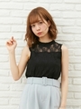 レース ハーフネック ノースリ トップス/クロ