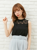 レース ハーフネック ノースリ トップス/クロ