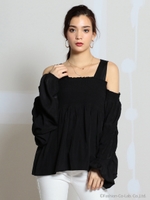 シャーリングオープンショルダーブラウス/ブラック
