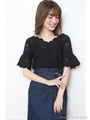 カットワークスリーブ半袖ブラウス/ブラック