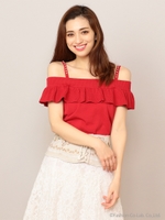 パールストラップオフショルニット/レッド