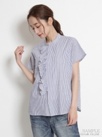 ヴィンテージクロスストライプフリルブラウス/ブルー