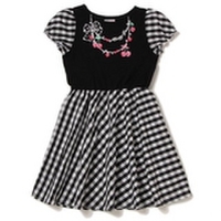 【50%OFF】チェリーネックレスプリントギンガムチェック切り替えワンピース