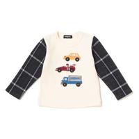 車アップリケ袖チェックTシャツ