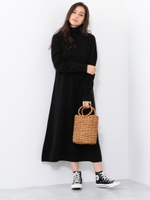 SMF コクーン袖 ハイネック フレアワンピース / ニットワンピ/BLACK