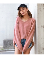 Vネックベロアモールオーバーサイズ/ピンク(008)