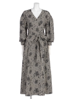 [GREED]GINGHAM CHECK FLOWER Dress/BLACK MIX