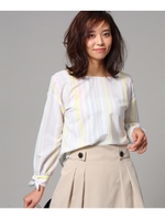 [L]【洗える】スリーブリボンストライプ柄ブラウス/ベビーピンク(871)