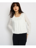 [L]ギャザーネックサテンシャツ/ホワイト(002)