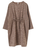 ・チェックフロントリボンサックワンピース/ブラウン