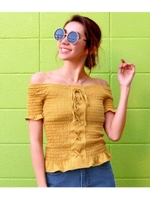 【ANAP】シャーリングレースアップオフショルトップス/イエロー(024)