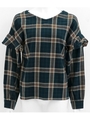 【Alluge】ネルチェックフリルスリーブ後ろボタンブラウス/ネイビー(018)