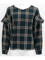 【Alluge】ネルチェックフリルスリーブ後ろボタンブラウス/ネイビー(018)