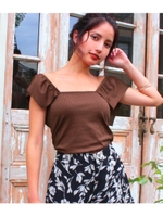 【CHILLE】フリルスリーブトップス/モカ(016)