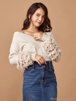 【WEB限定】オフショルダー袖フリンジニット/ベージュ