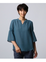 【洗える】グレインチェック7分袖ブラウス/ブルー(292)