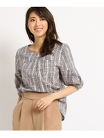 【洗える】タックスリーブチェックブラウス/ベージュ系(254)