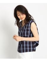 【洗える】チェックブロードVネックシャツ/レッド(262)