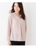 【洗える】フェイクパールVネックブラウス/ライトベージュ(051)