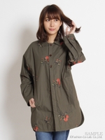 クロスステッチローズ刺しゅうキルティングシャツコート(花柄)/カーキ
