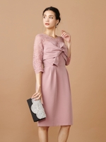 クロスリボンレーススリーブワンピース/ピンク