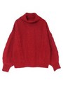 ケーブルタートルネックニット/レッド